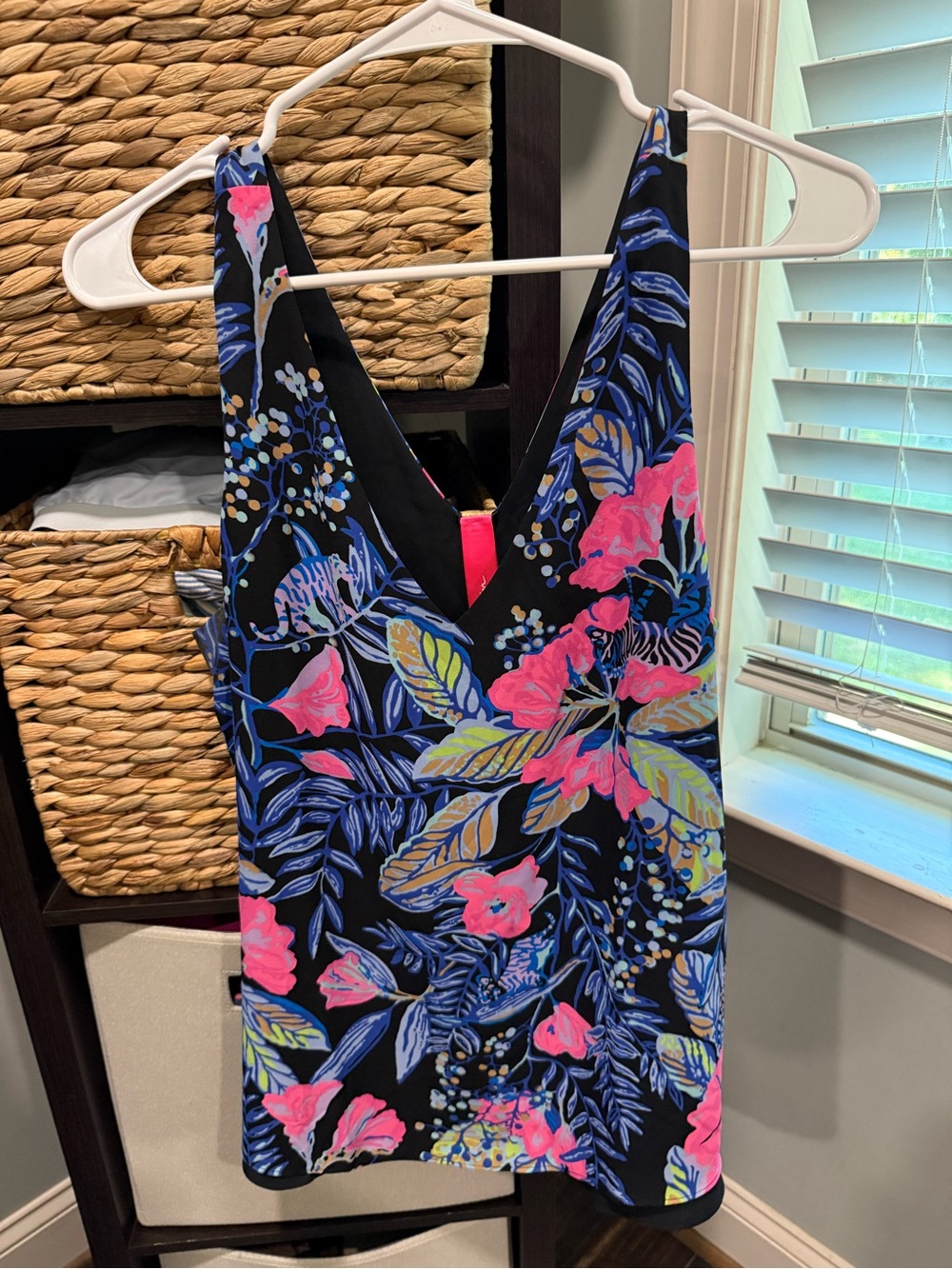 Lilly Pulitzer Black Floral V-Neck Florin Tank with Pink & Blue Print